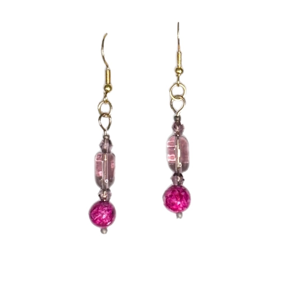 Pink Dyed Stone and Glass Dangle Earrings Upcycled